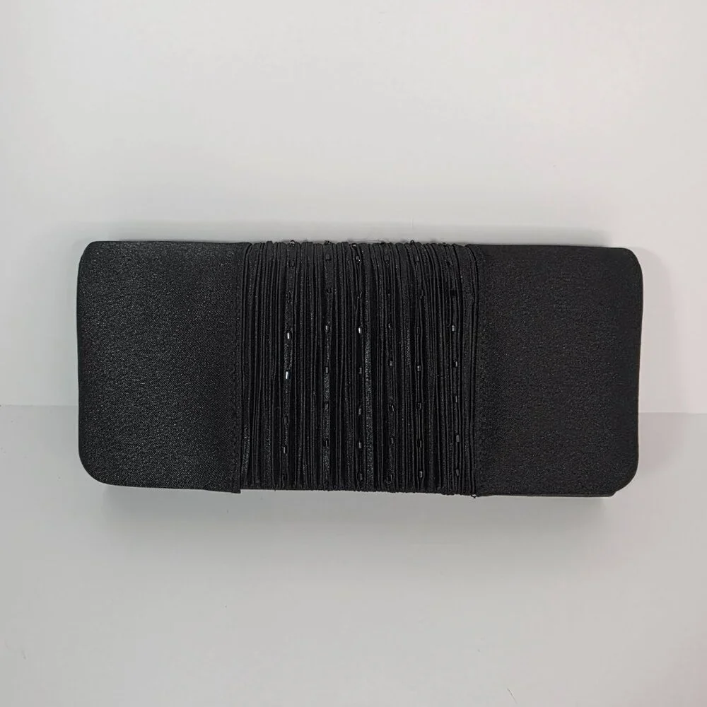 Black Satin Beaded Clutch Evening Bag Crossbody Formal - Picture 2 of 12